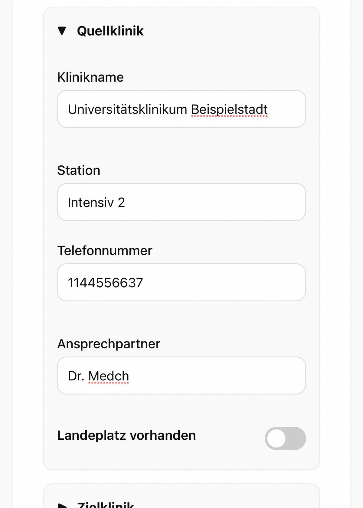 Bildschirmfoto der App: Erfassung von Klinikdetails