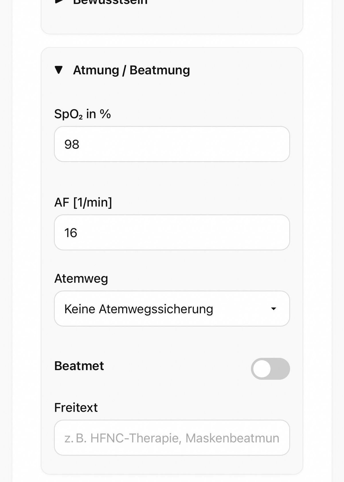 Bildschirmfoto der App: Klinischer Zustand